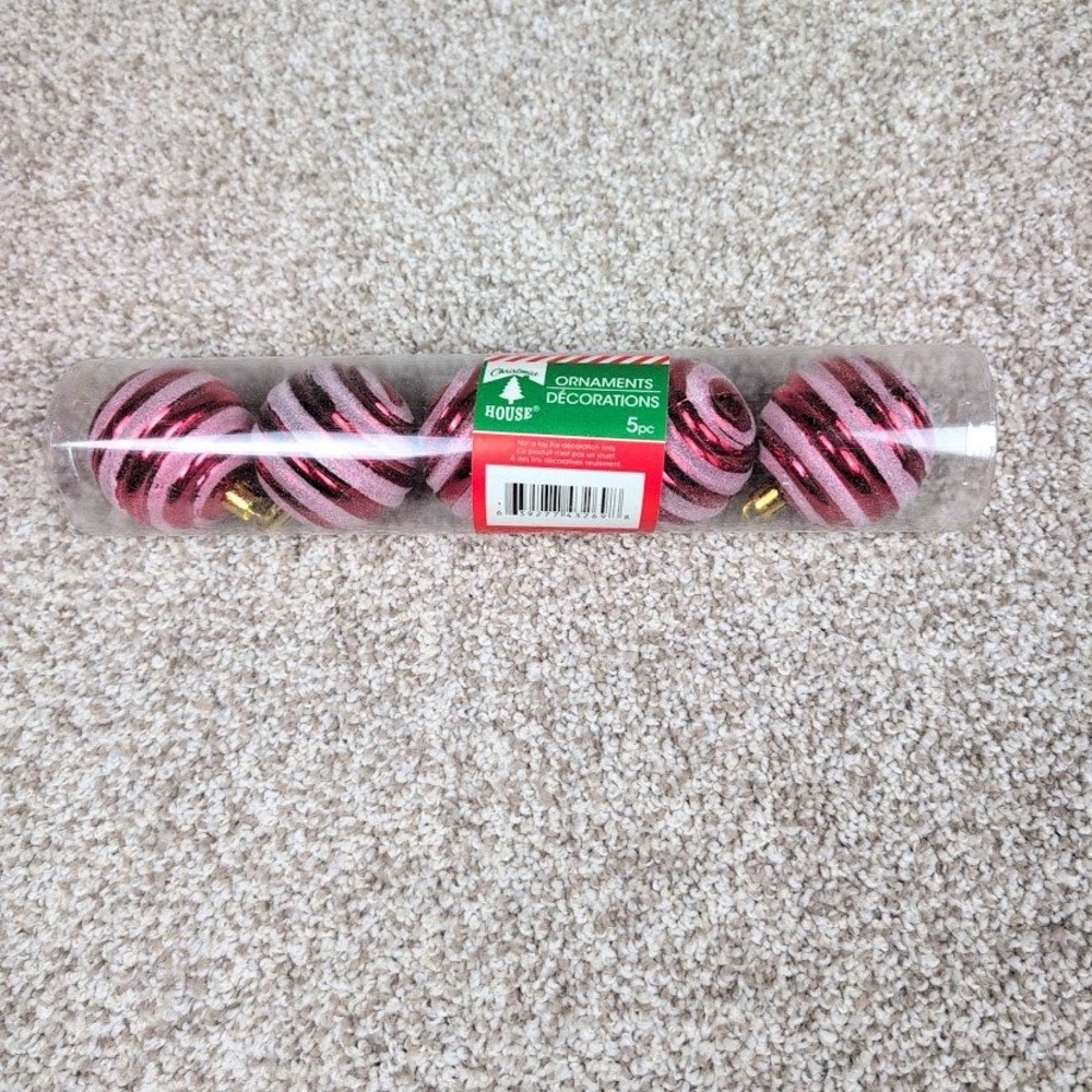 Christmas House 5pc‎ Swirl Glitter Bauble Ornaments Red Pink Gold String
